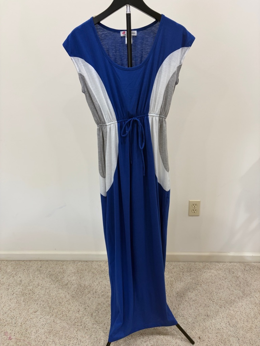 Blue Colorblock Maxi Dress with Drawstring Waist